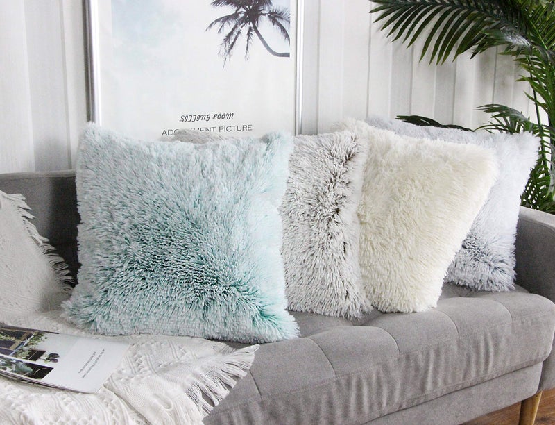 Uhomy Fluffy Accent Pillows Cover 18"x18", Soft Green Ombre Faux Fur Throw Pillow Case, Modern Luxury Decorative Square Cushion Cover for Farmhouse Home Decor for Sofa/Bed/Chair, 45x45cm Single - Image 2